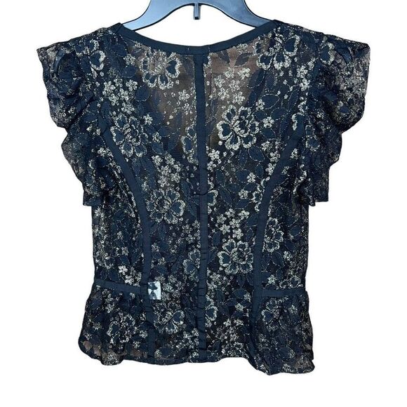 Charlotte Russe Lace Top Sheer Black Mesh Gold Thread Puff Sleeves Medium - Picture 7 of 15